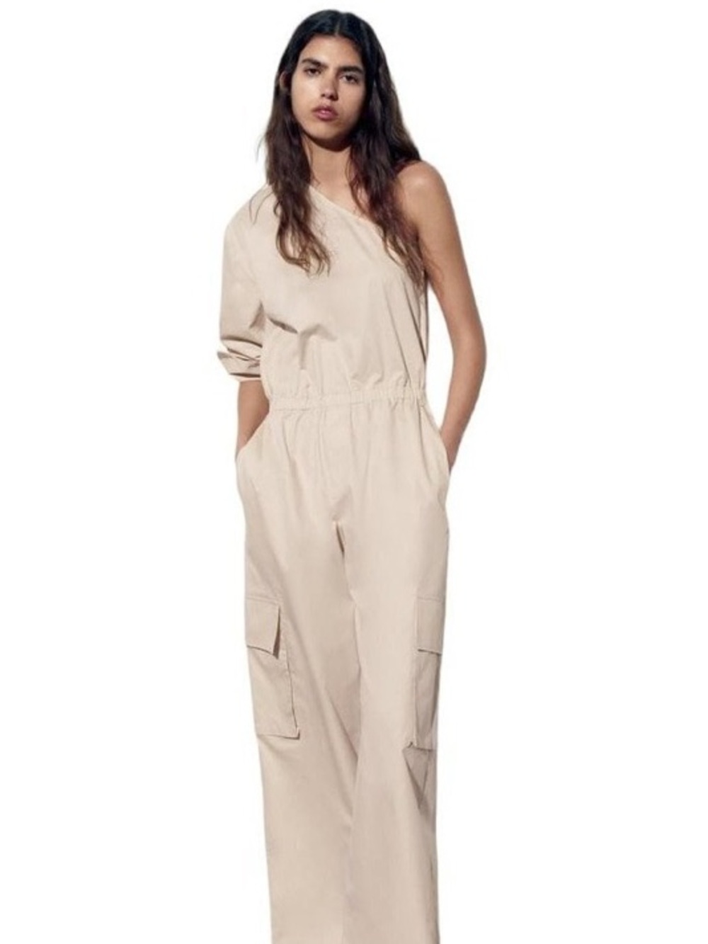 Zara Beige One-Shoulder Cargo Jumpsuit
